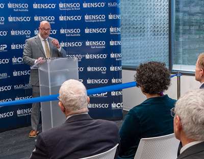 Jeff Stevens, President of ENSCO giving speech at ribbon cutting event